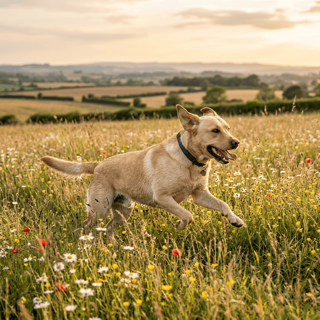 Golden retriever dog running in a meadow filled with wildflowers during sunset